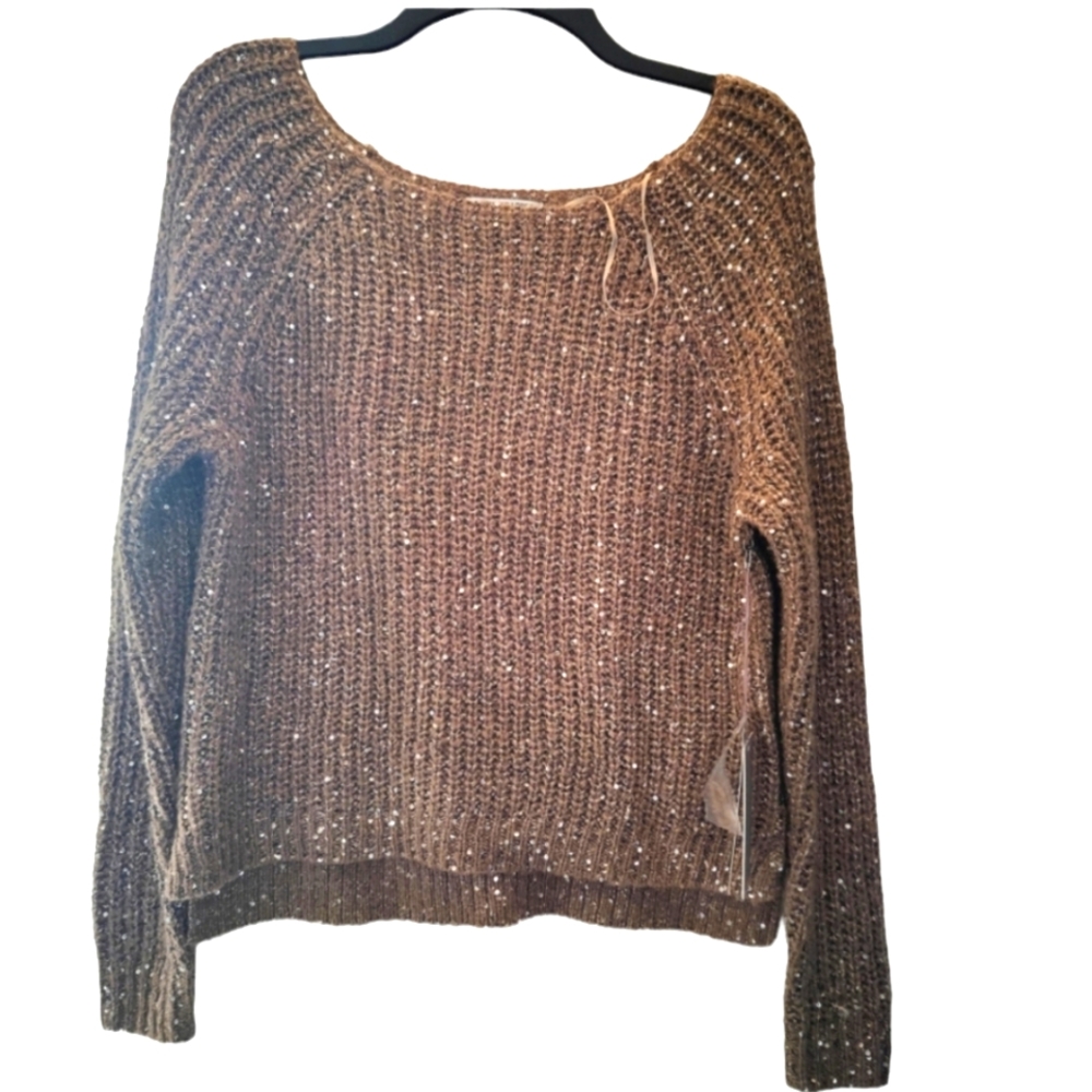 Jennifer Lopez Brown Metallic Knit Scoop Neck Sweater